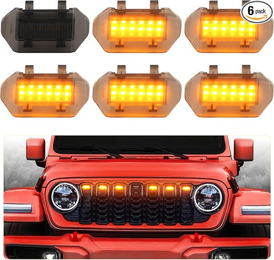 Amber Led Grill Grille Lights for 2024 2025 2026 Jeep Wrangler JL Jlu Sport | 6 in 1 upgraded Oem Jl Jlu grills light assembly