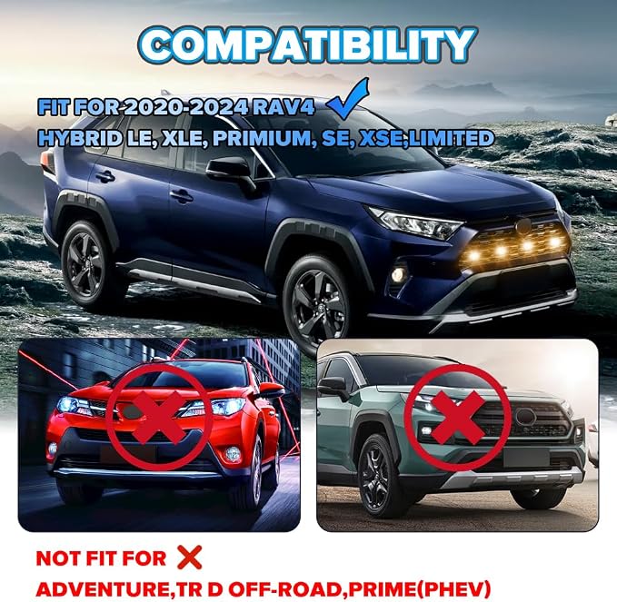 4PCS Front Grill Lights Compatible with Toyota RAV4 2020-2024 | with 4-in-1 Wire Harness & Fuse Adaptor, LED Grille Light Bar Fit for Toyota RAV4, RAV4 Accessories, Amber