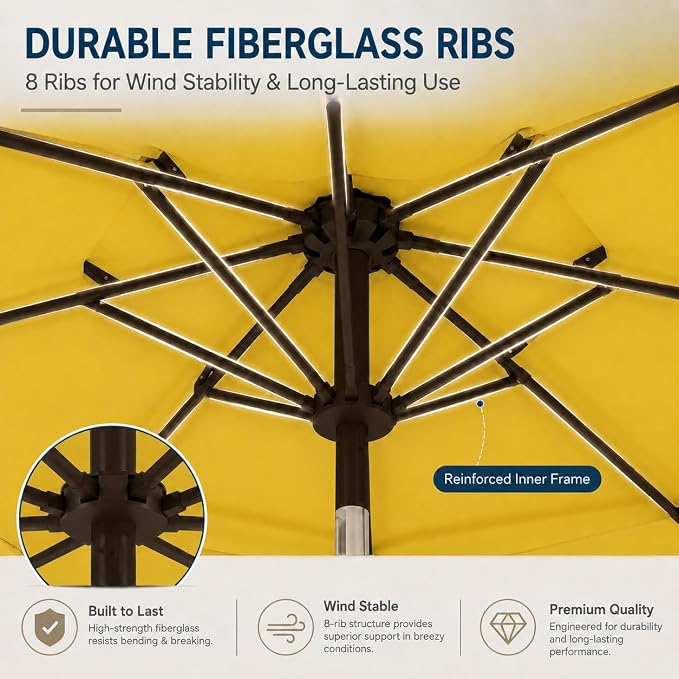 10ft Patio Umbrella, 3-Tier Vented Outdoor Table Umbrella with 8 Sturdy Fiberglass Ribs, Windproof Market Umbrella with Push Button Tilt and Crank, UV Protection for Deck, Pool, Sunshine Yellow