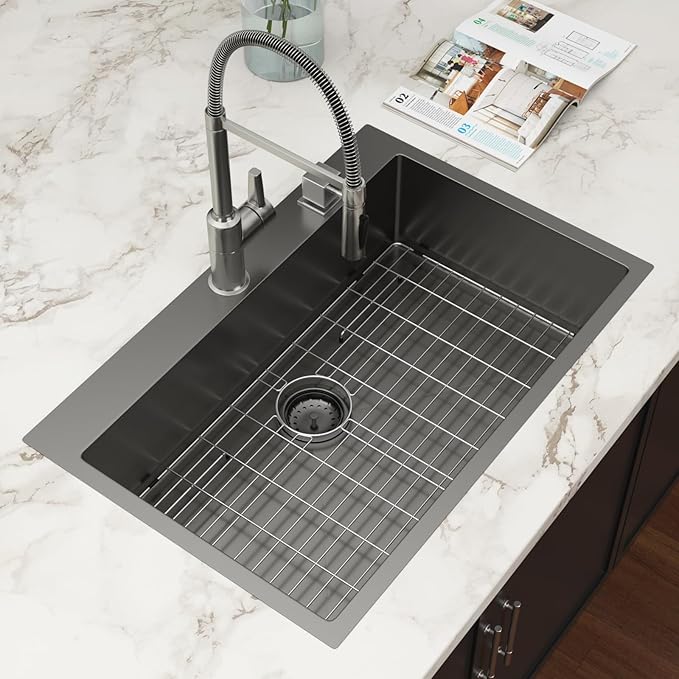 33x22 Drop In Kitchen Sink Black 16 Gauge Stainless Steel Single Bowl Drop Kitchen Sinks Nano PVD Gunmetal Black Handmade Large Deep Topmount Sinks, 33x22x9 Inch