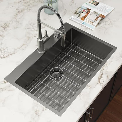 33x22 Drop In Kitchen Sink Black 16 Gauge Stainless Steel Single Bowl Drop Kitchen Sinks Nano PVD Gunmetal Black Handmade Large Deep Topmount Sinks, 33x22x9 Inch