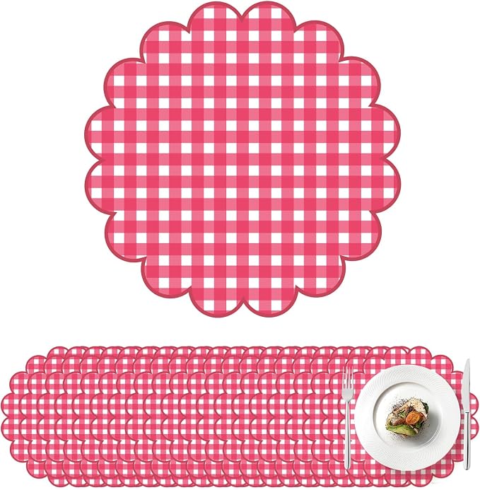 100Pcs Checkered Paper Placemats Red Gingham Place Mats 13.5 Inch Disposable Round Decorative Dining Table Mats with Scalloped Edges Paper Cutouts Decor for Summer Picnic BBQ Table Party Supplies