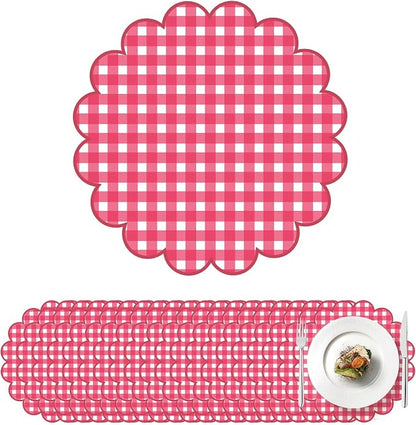 100Pcs Checkered Paper Placemats Red Gingham Place Mats 13.5 Inch Disposable Round Decorative Dining Table Mats with Scalloped Edges Paper Cutouts Decor for Summer Picnic BBQ Table Party Supplies