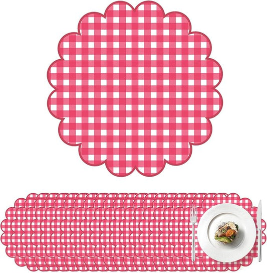 100Pcs Checkered Paper Placemats Red Gingham Place Mats 13.5 Inch Disposable Round Decorative Dining Table Mats with Scalloped Edges Paper Cutouts Decor for Summer Picnic BBQ Table Party Supplies