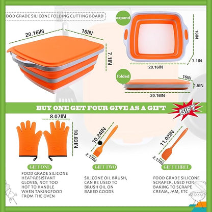Collapsible BBQ Prep Tub with Lid & Cutting Board 16L - XL Meat Marinating Basin & Grill Carry System - 5pc Set with Heat Resistant Gloves, Basting Brush & Spatula(Orange, Large, 16L)