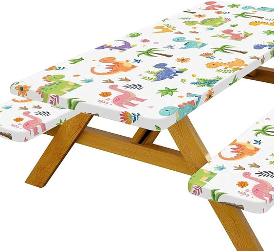 Funny Dinosaur Picnic Table Cover with Bench Covers and Bag, Camping Essentials, Animal Waterproof Windproof Fabric, Fitted Tablecloth Cover with Elastic Edge, for Indoor & Outdoor, 3 PCS, 30x60 Inch