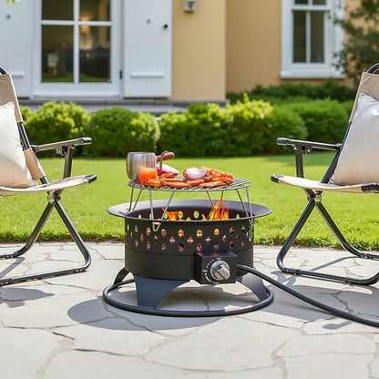 Breezz 20” Outdoor Fire Pit with Grill, 60000 BTU Smokeless Firepit, External Propane Required, Foldable Cooking Grate, Adjustable Flame, Patio Camping BBQ