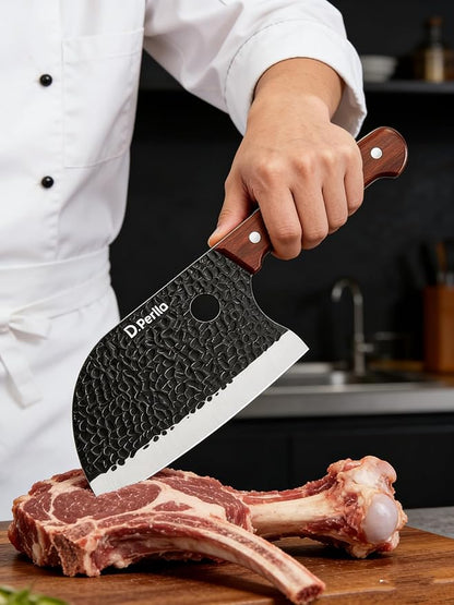 D.Perlla Butcher Knife set 3PCS Chef Knife Set for Meat Cutting, Serbian Chef Knives Set and Viking Knife with Wooden Handle, Cleaver knive Set for Outdoor BBQ and Camping with Gift Box