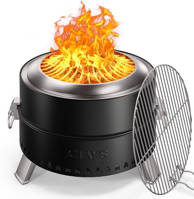 Ciays 19 Inch Smokeless Firepit, Portable for Outside Camping, Black | 19 Inch Smokeless Fire Pit for Camping with Steel Grill Rack, Fire Poker, and Bag, Easy Setup and Storage, Wood Burning