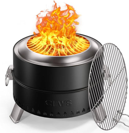Ciays 19 Inch Smokeless Firepit, Portable for Outside Camping, Black | 19 Inch Smokeless Fire Pit for Camping with Steel Grill Rack, Fire Poker, and Bag, Easy Setup and Storage, Wood Burning