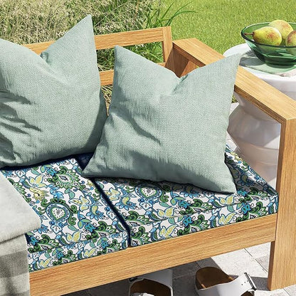 Magpie Fabrics Indoor Outdoor Cushion Cover Replacement 2 Pack, NO Insert! Water Repellent Slipcover with Ties Decor for Patio Garden Chair Seat Sofa Bench Wicker(Botanical Blue Green, 24x24x4 Inch)