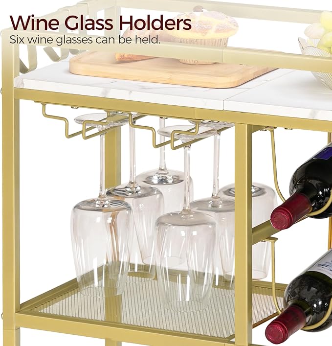 MAHANCRIS Bar Cart for Home, 3-Tier Serving Cart with Wheels and Handle, Beverage Cart with Wine Rack and Glass Holders, Rolling Wine Cart for Kitchen, Dining Room, Gold and White RCJM6101