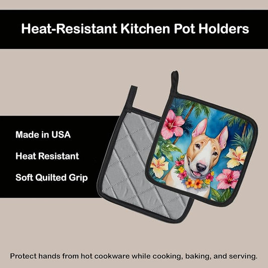 Caroline's Treasures English Bull Terrier Luau Pair of Pot Holders Kitchen Heat Resistant Pot Holders Sets Oven Hot Pads for Cooking Baking BBQ, 7 1/2 x 7 1/2
