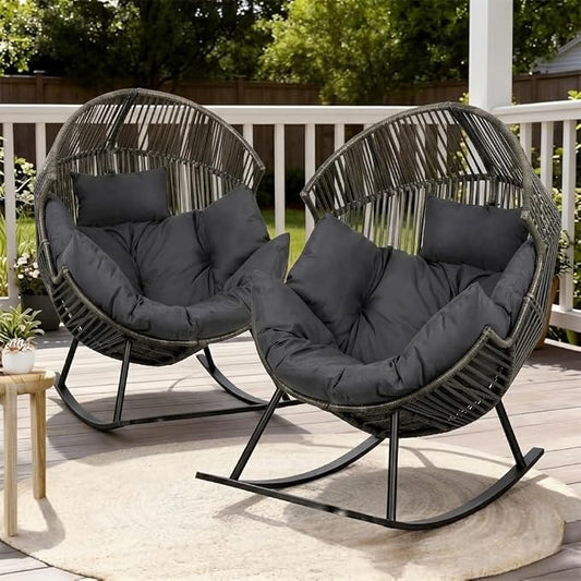 Shintenchi Oversized Outdoor Rocking Chair Set of 2, Wicker Egg Patio Lounge Chair Basket Seat with Thick Cushion, All Weather Indoor Outdoor Porch Rockers for Balcony, Living Room, Lawn Garden