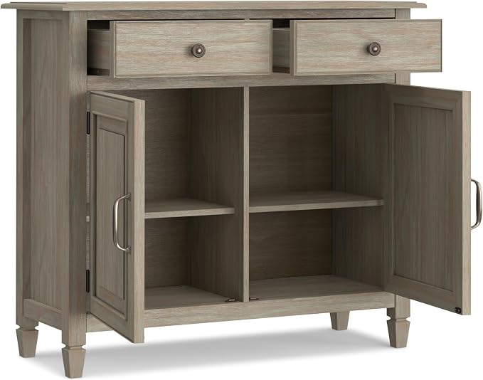 SIMPLIHOME Connaught 40" Wide Solid Wood Cabinet in Distressed Grey | Traditional slim entryway and living room organizer for hats, gloves, shoes and keys with space-saving storage design.