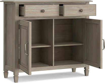 SIMPLIHOME Connaught 40" Wide Solid Wood Cabinet in Distressed Grey | Traditional slim entryway and living room organizer for hats, gloves, shoes and keys with space-saving storage design.