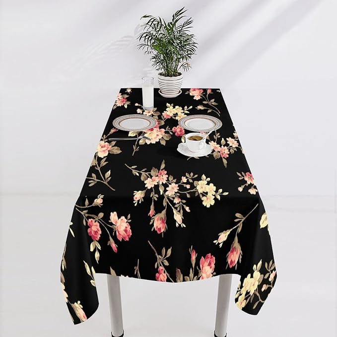Vintage Flower Tablecloth, Black Pink Garden Florals Rustic Roses Boho Botanical Plant Water Resistant Wipeable Table Cover for Picnic Party Holiday Kitchen Dinner Table 55"x55"