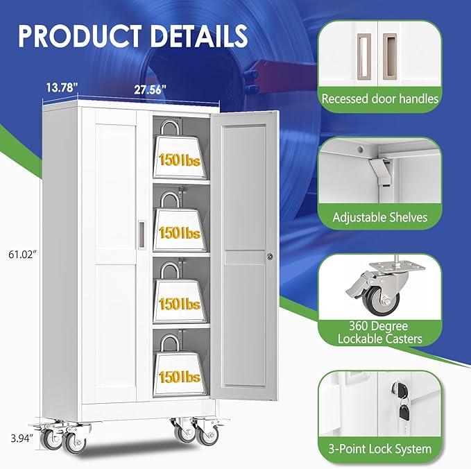 61" Metal Garage Storage Cabinet with Wheels and Locking Doors and Tall Rolling Steel Tool Cabinet with 3 Adjustable Shelves for Garage,Home,Office,Shop (White, 61''H x 28''W x14''D)