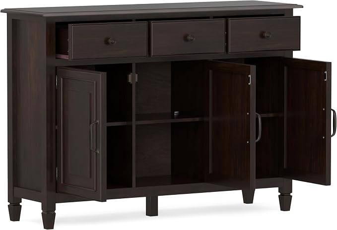 SIMPLIHOME Connaught 51" Solid Wood Cabinet in Chestnut Brown | Traditional space-saving entryway or mudroom cabinet with 3 drawers and adjustable shelves for organized household storage.