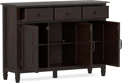 SIMPLIHOME Connaught 51" Solid Wood Cabinet in Chestnut Brown | Traditional space-saving entryway or mudroom cabinet with 3 drawers and adjustable shelves for organized household storage.