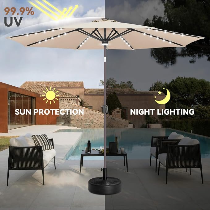 Solar Patio Umbrella with Centre Light, 10 ft Beige | 40 LED Lights, UV Protection, Solar Outdoor Umbrella for Porch, Deck, Pool, Table, Garden, Provides Evening Lighting