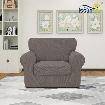 ISSUNTEX 2 Pieces High Stretch Thicken Chair Couch Covers, Soft Sofa Slipcover for 1 Separate Cushion Couch, Jacquard Fabric Elastic Sofa Cover Furniture Protector for Dogs (Chair, Taupe)