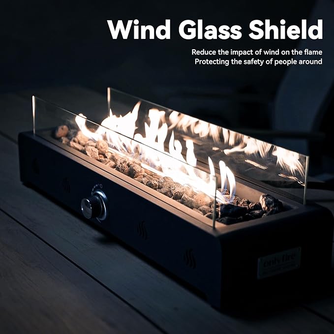 Onlyfire 28'' Tabletop Fire Pit Table, Propane Gas Firepit Bottom Mounted for Table with Umbrella Hole, Glass Wind Guard and Lava Rock, Outdoor Rectangular Smokeless Fireplace