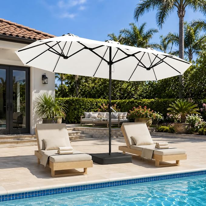 DomeShade Large 15FT Double Sided Patio Umbrella with Base Included,Rectangle Sun Shade for Pool,Deck,Backyard,Patio,Garden –Large White Outdoor Umbrella,Ivory