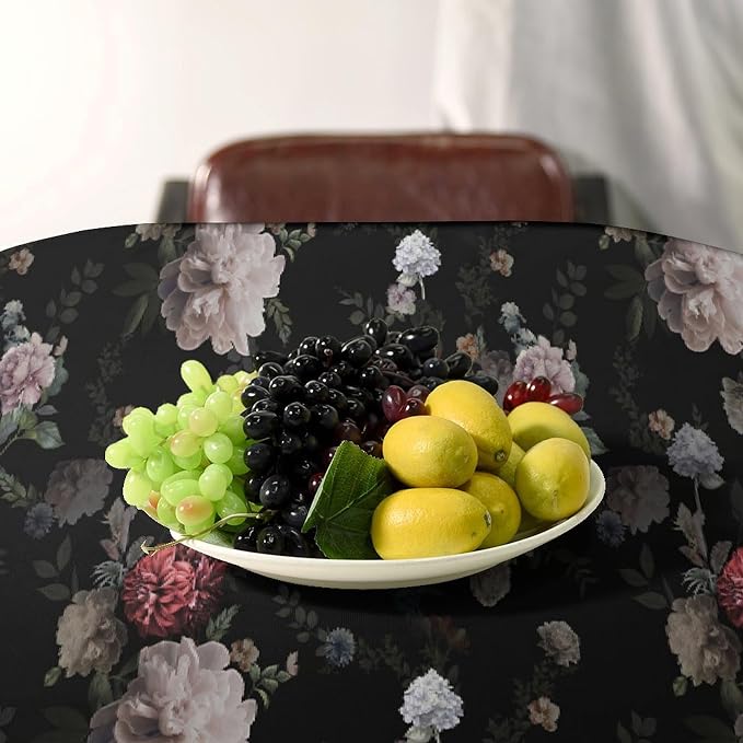 Vintage Florals Tablecloth, Black Pink Garden Gothic Flowers Rustic Roses Boho Botanical Plant Water Resistant Wipeable Table Cover for Picnic Party Holiday Kitchen Dinner Table 60"x120"