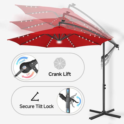 10 ft Solar Patio Umbrella Cantilever with Centre Light, Red | 40 LED Lights, UV Protection, Large Offset Patio Umbrella Outdoor for Garden, Deck, Backyard, Pool, Porch, Provides Shade