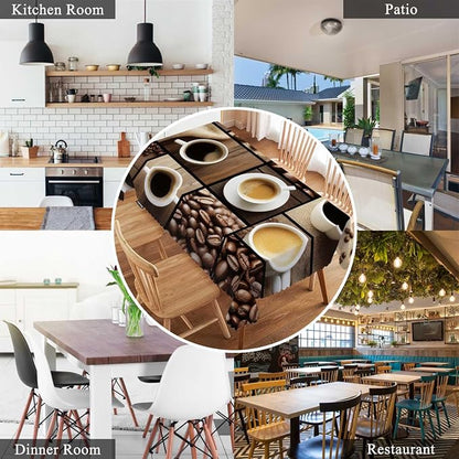 Swono Tablecloth Coffee Collage, Black Coffee Mugs Beans On Wooden Table Table Cloth for Kitchen Dining Tabletop Decoration Parties Weddings, 52 X 70 Inch Rectangle Tablecloth