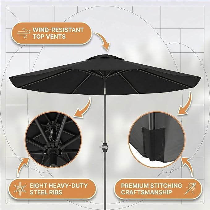 Greesum 9FT Outdoor Patio Umbrella, Table Umbrella for Yard, Market, Heavy-Duty Waterproof Pool Umbrella with 8 Sturdy Ribs, UV Protection for Beach, Deck, Garden, Backyard