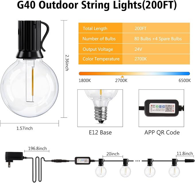 200FT G40 LED Smart Outdoor String Lights with APP Control for Patio | Hanging String Lights for Outside with 84 Shatterproof Bulbs, Patio Lights for Balcony Apartments Backyard, Bistro, Porch