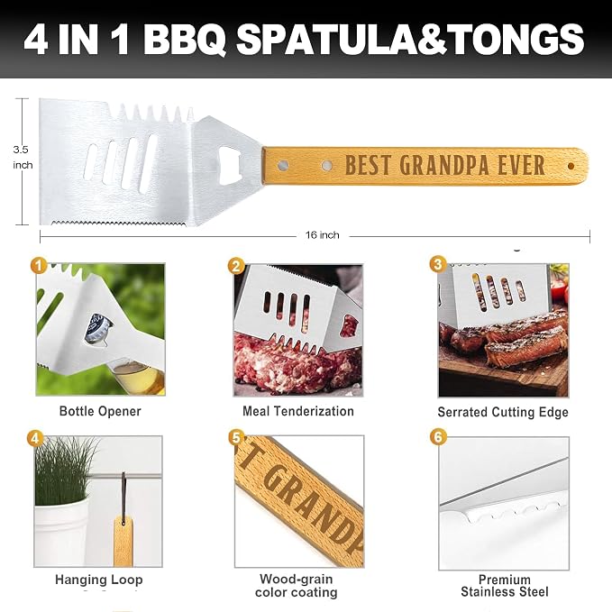 Grandpa Gifts from Grandkids, Grilling Gift Heavy Duty Wooden BBQ Grilling Accessories Kit, Thick Stainless Steel Grill Utensils with Non-Slip Handle Tools in Portable Bag on Fathers Day