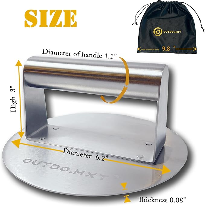Stainless Steel 6.2" Smash Burger Press, Burger Smasher with Velvet Fabric Storage Bag for Griddle,Grill Press for Hamburger, Bacon, Steak,Meat, Barbecue Grilling Tool,Gift Package