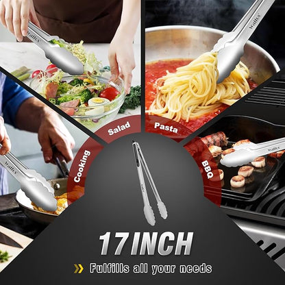 Walfos 17 Inch Extra Long Grill Tongs, Ultimate Stainless Steel BBQ Tongs for Grilling, Cooking, BBQ/Barbecue, Buffet and Turning Food