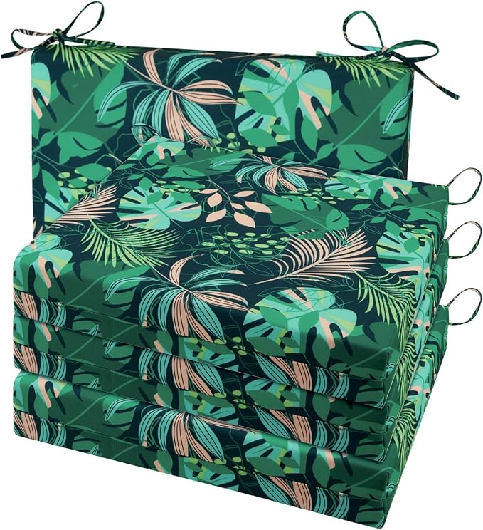 Cozyide Outdoor Chair Cushions, Waterproof Patio Seat Cushions with Adjustable Straps, Square Corner Patio Chair Cushions for Garden, Green Leaf, 18.5x16x3 Inch (Pack of 4)