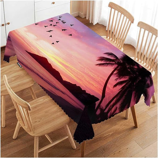 Swono Tablecloth Sunset Ocean, Paradise Ocean Beach Palm Trees Table Cloth for Kitchen Dining Tabletop Decoration Parties Weddings, 52 X 70 Inch Rectangle Tablecloth, 4-6 Seats