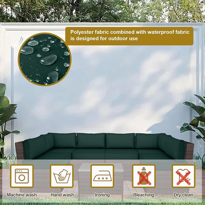 14 Piece Outdoor Patio Cushion Cover Replacement, Waterproof Patio Cushion Covers, Outdoor Furniture Cushion Covers Set for 6 Seat Wicker Rattan Sofa (Deep Green)