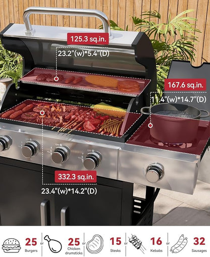 Aoxun 4-Burner Propane Grill with Side Burner, 49000 BTU Gas Grill, Stainless Steel Outdoor Grill with Cast Iron Grates & Side Tables for Backyard, Patio, Camping，Black