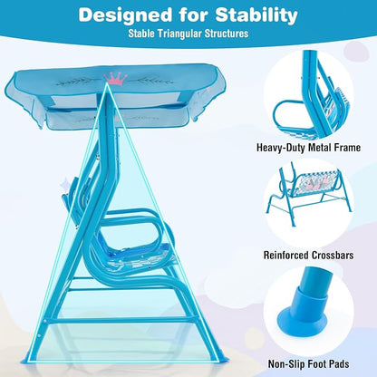 HONEY JOY Kids Patio Swing, 2-Seater Outdoor Porch Swing Lounge Chair, Adjustable Canopy & Safety Belt, All Weather Resistant Waterproof Hanging Swing Bench for Garden Poolside Balcony(Blue Flamingo)