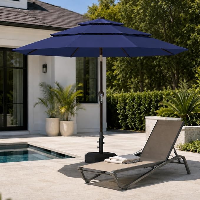 10ft Patio Umbrella, 3-Tier Vented Outdoor Table Umbrella with 8 Sturdy Fiberglass Ribs, Windproof Market Umbrella with Push Button Tilt and Crank, UV Protection for Deck, Pool, Navy Blue