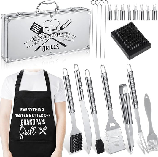 Boao 21 Pcs Fathers Day Grill Tool Set, Gifts for Grandpa from Grandkids, Heavy Duty BBQ Accessories with Aluminum Case and Apron for Outdoor Cooking, Camping, Backyard Barbecue