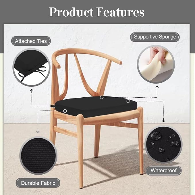 Cozyide Outdoor Chair Cushions, Waterproof Patio Seat Cushions with Adjustable Straps, Round Corner Patio Chair Cushions for Garden, Black, 17x16x2 Inch (Pack of 4)