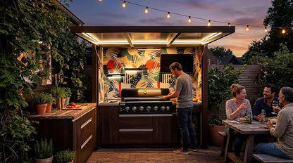 Outdoor Mobile Kitchen, Modern Modular Design with Retractable Roof Cover and Built-in Grill Station Backyard Outdoor Kitchen BBQ Grill