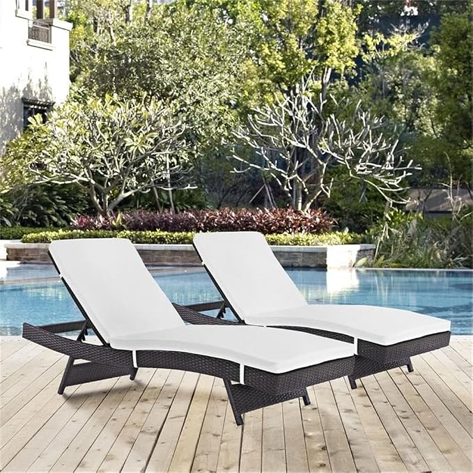 Modway Convene Wicker Rattan Outdoor Patio Chaise Lounge Chairs in Espresso White - Set of 2