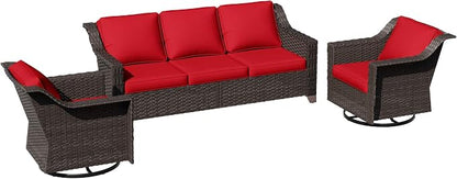 3 Pieces Patio Conversation Furniture Set - 1 Sofa, 2 Swivel Chairs, Outdoor Wicker Furniture with Removable Cushions for Porch, Balcony, Sunroom (Red)