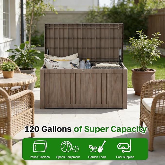 FEFLO 120 Gallon Resin Desk Boxes, Lockable Outdoor Storage Box for Furniture, Toy, Shoe, Garden & Patio Tools Storage, IP54 Weatherproof Package Delivery Boxes for Outside - Brown