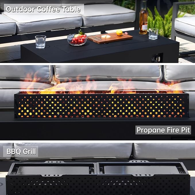 48-inch Fire Pit Table W Tank Table,CSA Certified,Propane Fire Pit W Lava Rocks,Wind Guard and Cover,Baking Pan,50000 BTU 3 in 1 Outdoor Heater for Deck Garden