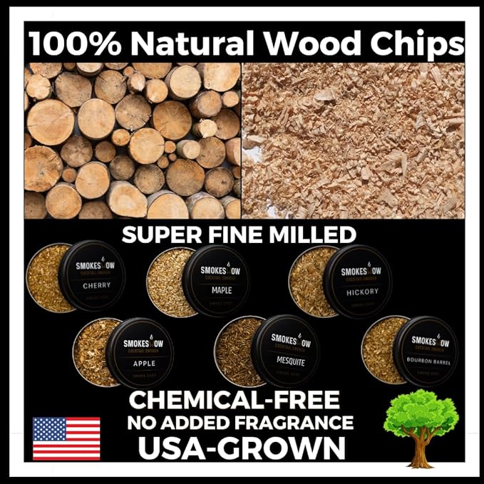 Wood Chips for Cocktail Smoker 4 oz tins. Apple, Hickory, Cherry, Bourbon Soaked Oak, Maple, Mesquite, Cinnamon, Thyme, Rosemary, Lemon Peel, Grapefruit Peel and Lavender (All 12 Flavors)